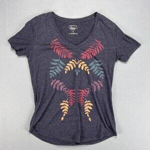Bass T-Shirt Women's S Small Gray V Neck Fern Multicolor Botanical Print Stretch